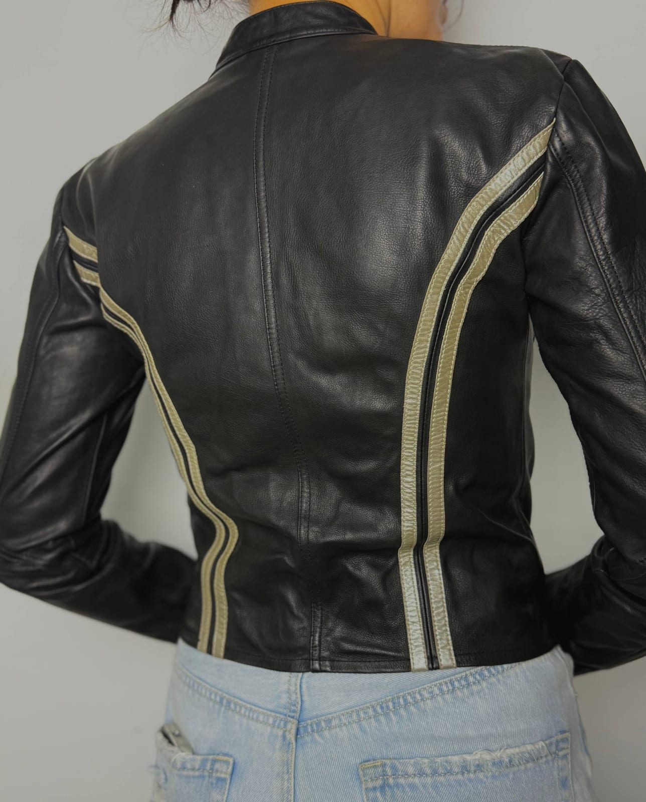 Guess Leather Jacket Silver Stripe