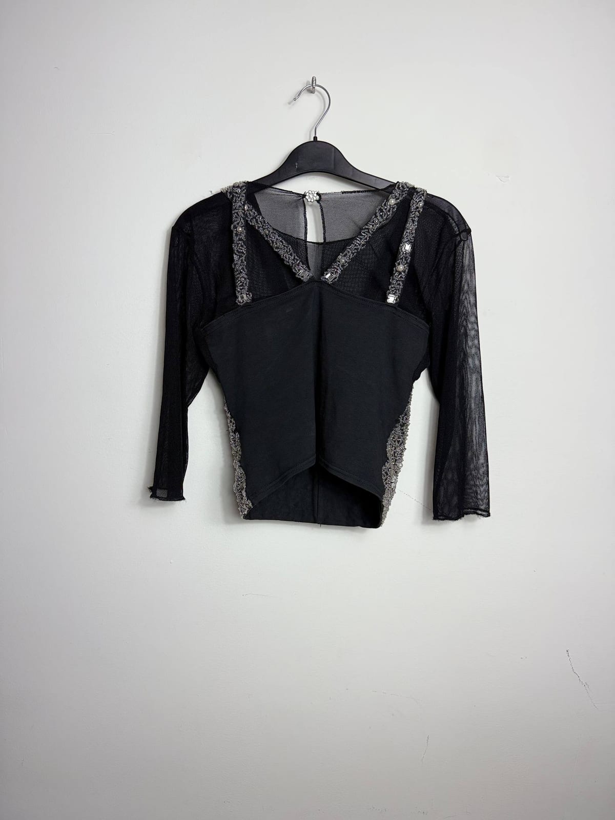 Vintage Mesh & Beaded Corset Top – Black & Silver