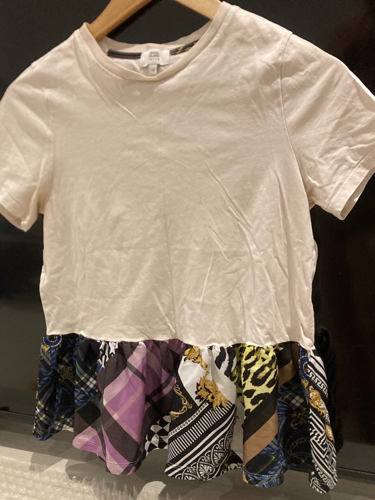 White Crop T-Shirt with Mixed Pattern/Plaid Ruffle Hem